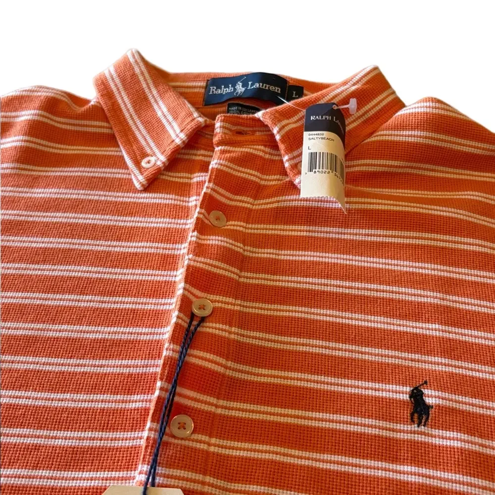 Ralph Lauren Mens Large Orange Stripe Big Mesh Golf Polo Shirt. NWT